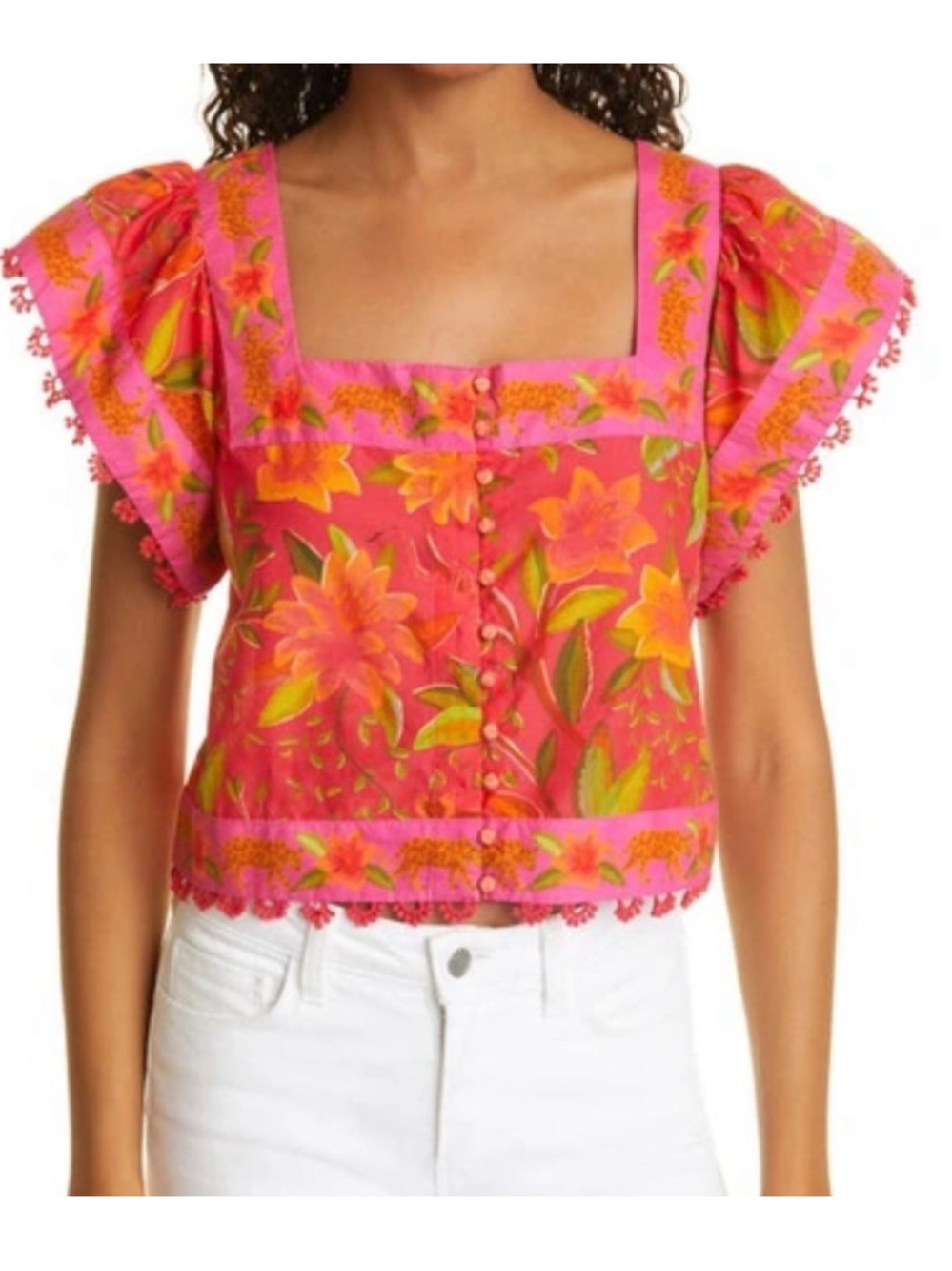 Farm Rio Floral Solar Forest Square Neck Cropped Blouse Top Resort Size XL